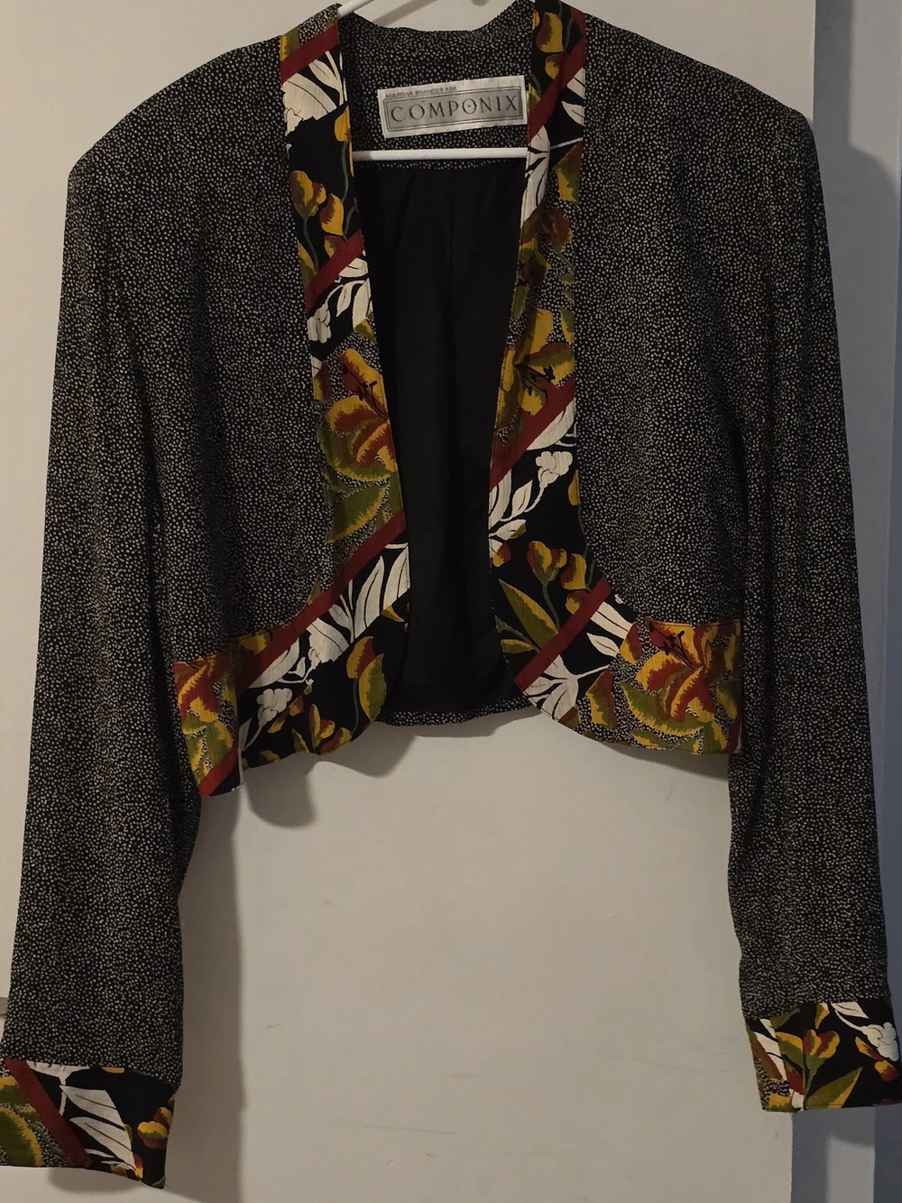 Black Cropped Blazer with Floral Trim